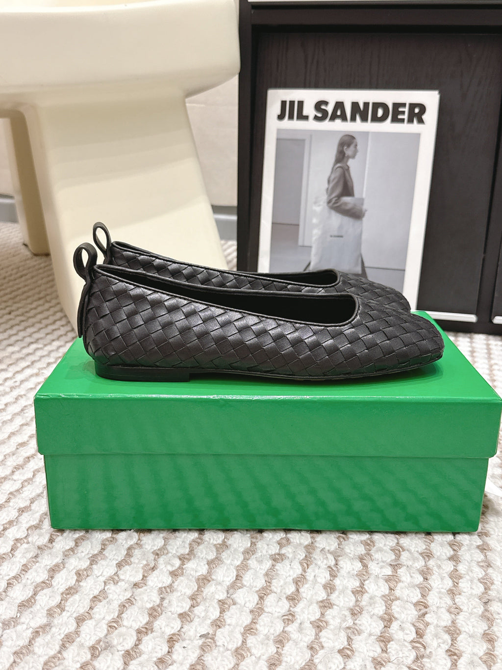 BOTTEGA VENETA 26S SQUARE-TOE FLATS IN BLACK TECHNICAL WOVEN LAMBSKIN