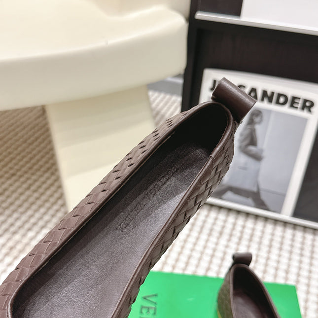 BOTTEGA VENETA 26S SQUARE-TOE FLATS IN DARK BROWN TECHNICAL WOVEN LAMBSKIN