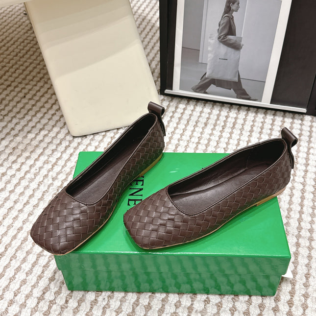 BOTTEGA VENETA 26S SQUARE-TOE FLATS IN DARK BROWN TECHNICAL WOVEN LAMBSKIN