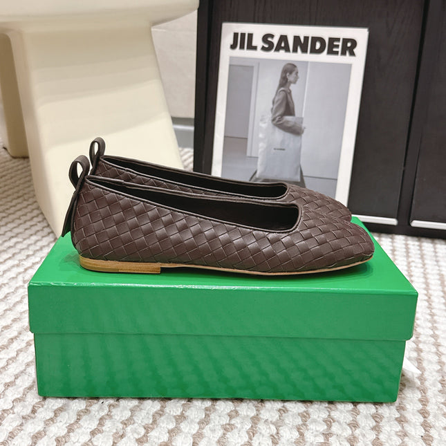 BOTTEGA VENETA 26S SQUARE-TOE FLATS IN DARK BROWN TECHNICAL WOVEN LAMBSKIN