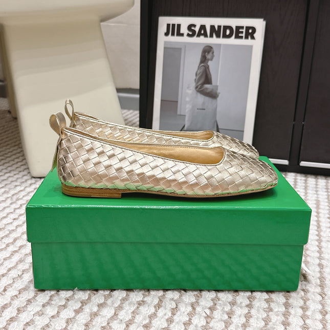 BOTTEGA VENETA 26S SQUARE-TOE FLATS IN LIGHT METALLIC GOLD TECHNICAL WOVEN LAMBSKIN