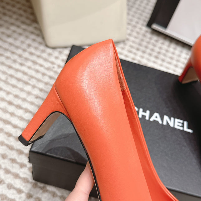 CHANEL 26S HIGH HEELS 75 MM IN ORANGE CALFSKIN WITH GOLD-TONE CC LOGO