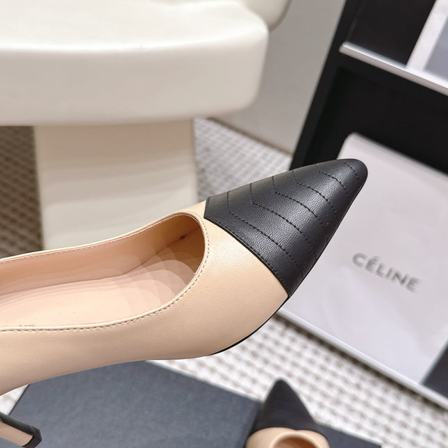 CHANEL 26S HIGH HEELS IN BEIGE LAMBSKIN WITH BLACK CHEVRON-QUILTED TOE