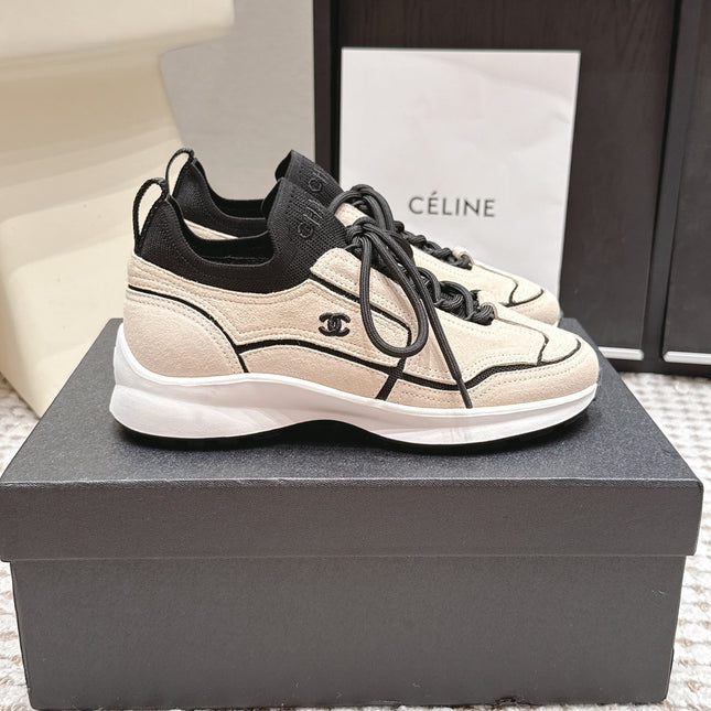 CHANEL 26S PLATFORM SNEAKERS 30 MM IN BEIGE SUEDE WITH BLACK FABRIC