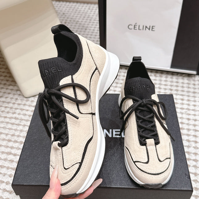 CHANEL 26S PLATFORM SNEAKERS 30 MM IN BEIGE SUEDE WITH BLACK FABRIC