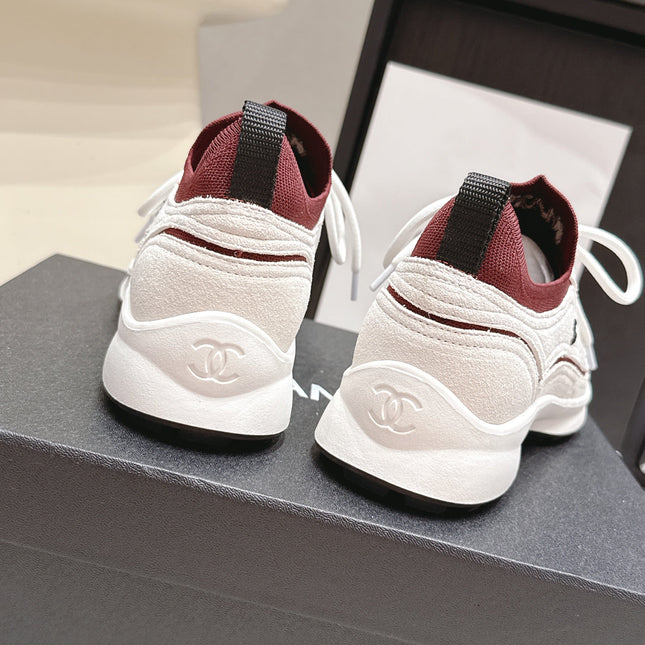 CHANEL 26S PLATFORM SNEAKERS 30 MM IN WHITE SUEDE WITH BURGUNDY FABRIC