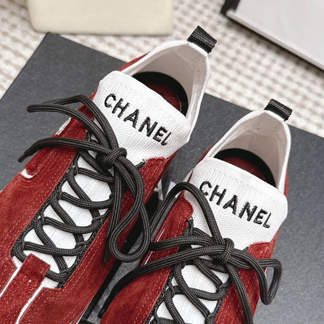 CHANEL 26S PLATFORM SNEAKERS 30 MM IN RED SUEDE WITH WHITE FABRIC