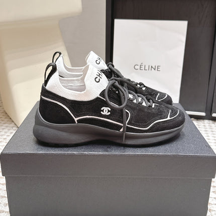 CHANEL 26S PLATFORM SNEAKERS 30 MM IN BLACK SUEDE WITH WHITE FABRIC