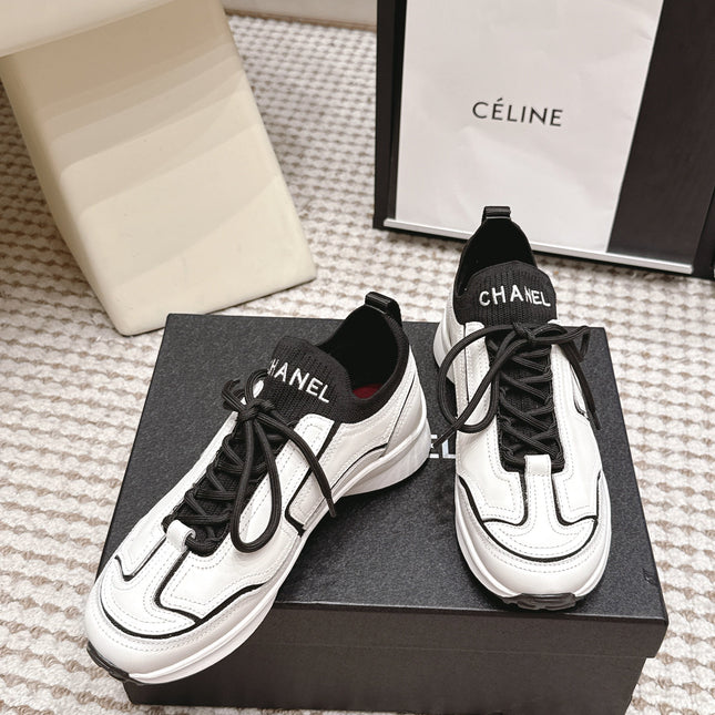 CHANEL 26S PLATFORM SNEAKERS 30 MM IN WHITE CALFSKIN WITH BLACK FABRIC
