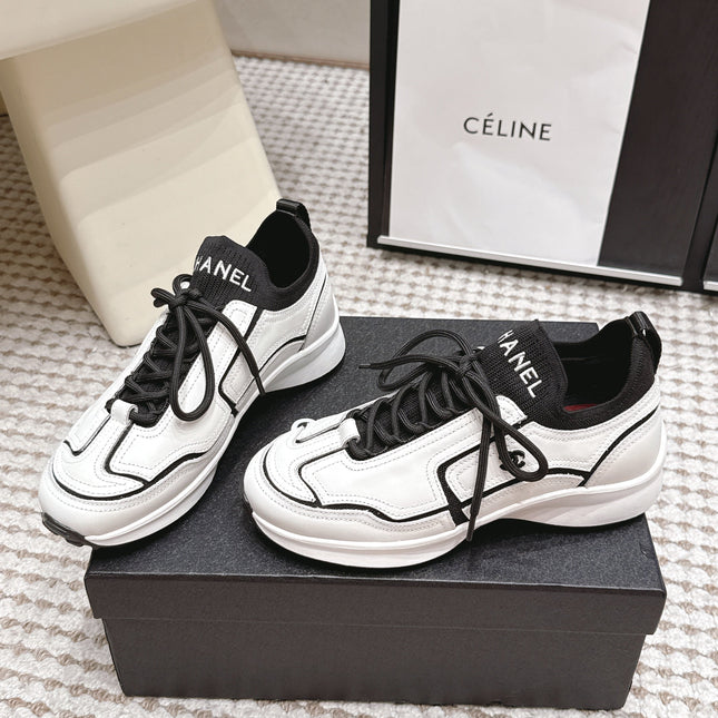 CHANEL 26S PLATFORM SNEAKERS 30 MM IN WHITE CALFSKIN WITH BLACK FABRIC