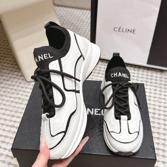 CHANEL 26S PLATFORM SNEAKERS 30 MM IN WHITE CALFSKIN WITH BLACK FABRIC