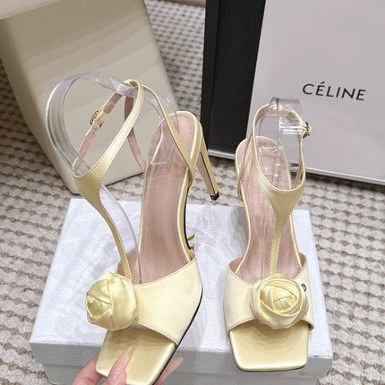 DIOR 26S ROSE HEELED SANDALS 90MM IN LIGHT YELLOW SATIN
