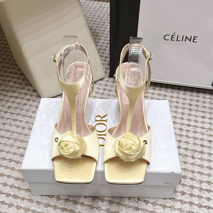 DIOR 26S ROSE HEELED SANDALS 90MM IN LIGHT YELLOW SATIN