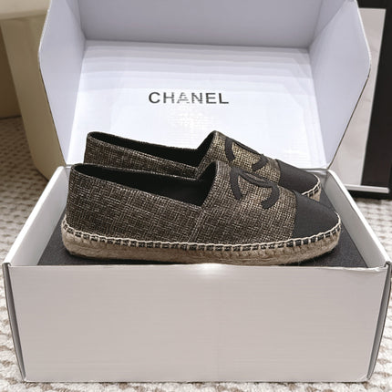 CHANEL 26S SLIP ONS IN GOLD BRONZE MIX BLACK FABRIC