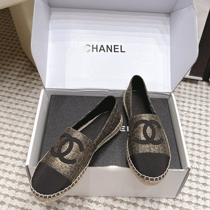 CHANEL 26S SLIP ONS IN GOLD BRONZE MIX BLACK FABRIC