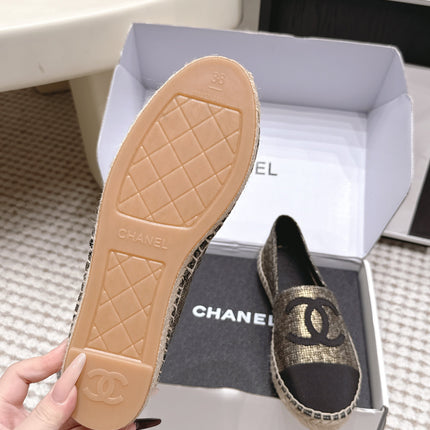 CHANEL 26S SLIP ONS IN GOLD BRONZE MIX BLACK FABRIC