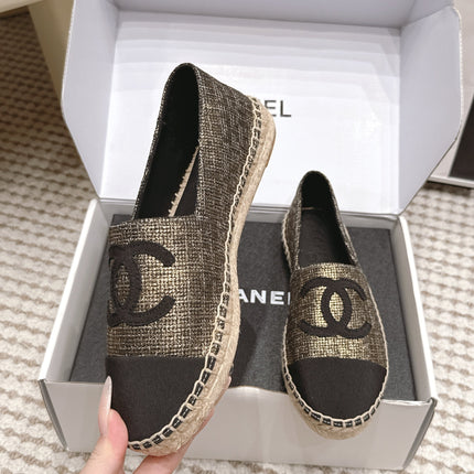 CHANEL 26S SLIP ONS IN GOLD BRONZE MIX BLACK FABRIC