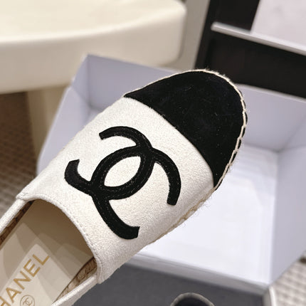 CHANEL 26S ESPADRILLE SLIP-ONS IN WHITE MIX BLACK SUEDE