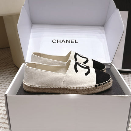 CHANEL 26S ESPADRILLE SLIP-ONS IN WHITE MIX BLACK SUEDE