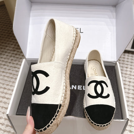 CHANEL 26S ESPADRILLE SLIP-ONS IN WHITE MIX BLACK SUEDE