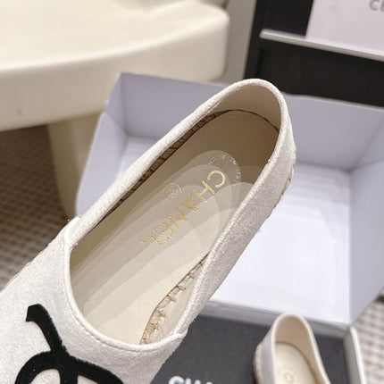 CHANEL 26S ESPADRILLE SLIP-ONS IN WHITE MIX BLACK SUEDE