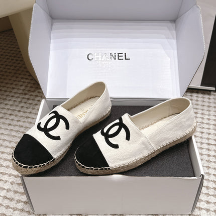 CHANEL 26S ESPADRILLE SLIP-ONS IN WHITE MIX BLACK SUEDE