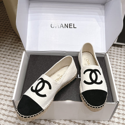 CHANEL 26S ESPADRILLE SLIP-ONS IN WHITE MIX BLACK SUEDE