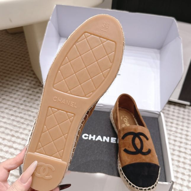 CHANEL 26S ESPADRILLE SLIP-ONS IN BROWN MIX BLACK SUEDE