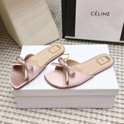 DIOR 26S FLAT SANDAL IN PINK SATIN WITH BOW
