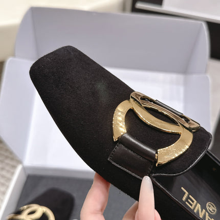 CHANEL 26S SQUARE TOE FLATS IN BLACK SUEDE WITH GOLD TONE CC LOGO
