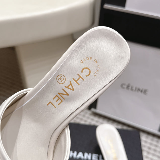 CHANEL 26S SQUARE TOE HIGH HEEL SANDALS IN OFF WHITE CALFSKIN