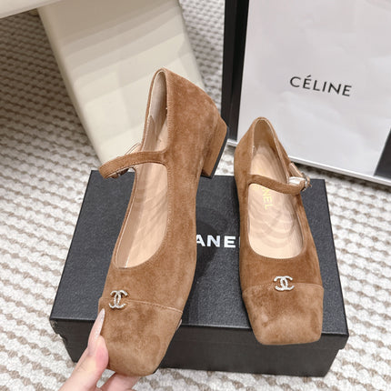 CHANEL 26S SQUARE TOE MARY JANE FLATS IN BROWN SUEDE