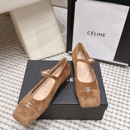 CHANEL 26S SQUARE TOE MARY JANE FLATS IN BROWN SUEDE