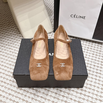 CHANEL 26S SQUARE TOE MARY JANE FLATS IN BROWN SUEDE
