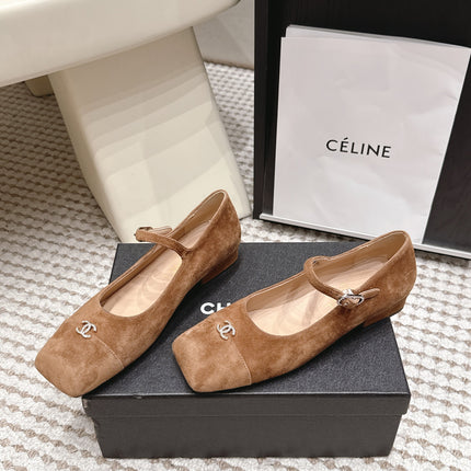 CHANEL 26S SQUARE TOE MARY JANE FLATS IN BROWN SUEDE
