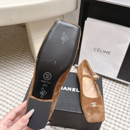 CHANEL 26S SQUARE TOE MARY JANE FLATS IN BROWN SUEDE