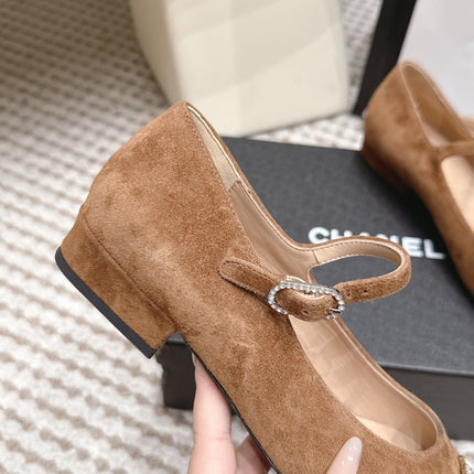 CHANEL 26S SQUARE TOE MARY JANE FLATS IN BROWN SUEDE