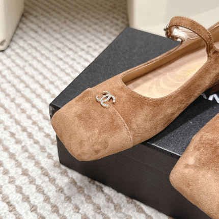 CHANEL 26S SQUARE TOE MARY JANE FLATS IN BROWN SUEDE