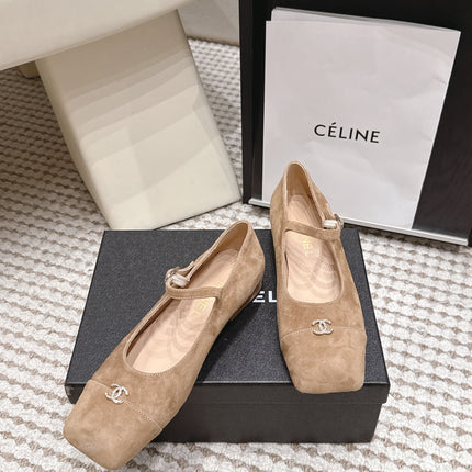 CHANEL 26S SQUARE TOE MARY JANE FLATS IN LIGHT BROWN SUEDE