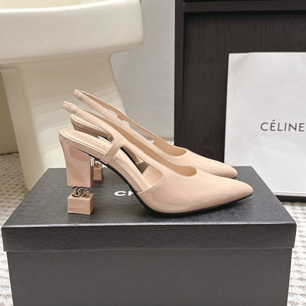 CHANEL 26S HIGH HEEL SLINGBACKS 80 MM IN BEIGE PATENT