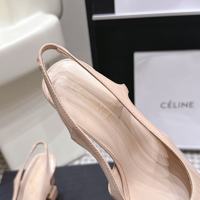 CHANEL 26S HIGH HEEL SLINGBACKS 80 MM IN BEIGE PATENT