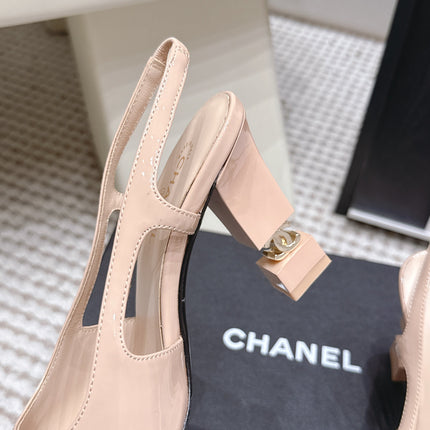CHANEL 26S HIGH HEEL SLINGBACKS 80 MM IN BEIGE PATENT