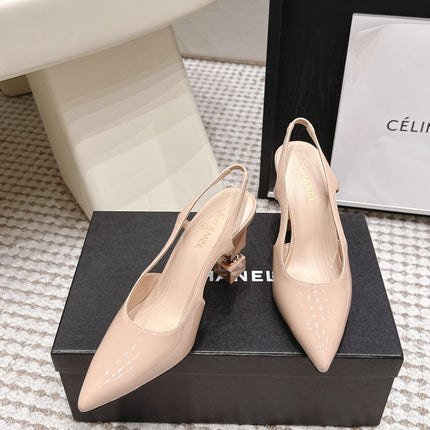 CHANEL 26S HIGH HEEL SLINGBACKS 80 MM IN BEIGE PATENT