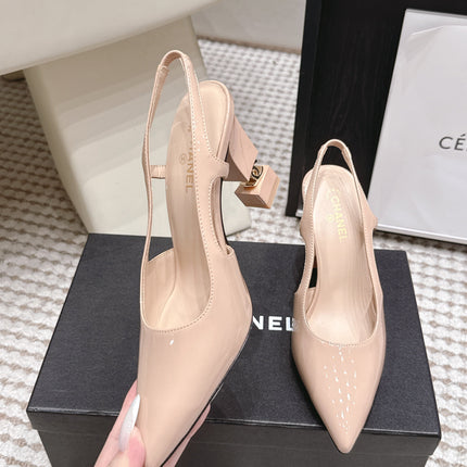 CHANEL 26S HIGH HEEL SLINGBACKS 80 MM IN BEIGE PATENT
