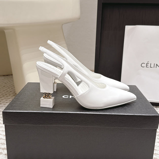 CHANEL 26S HIGH HEEL SLINGBACKS 80 MM IN WHITE PATENT