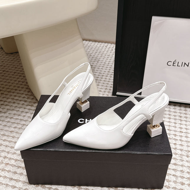 CHANEL 26S HIGH HEEL SLINGBACKS 80 MM IN WHITE PATENT