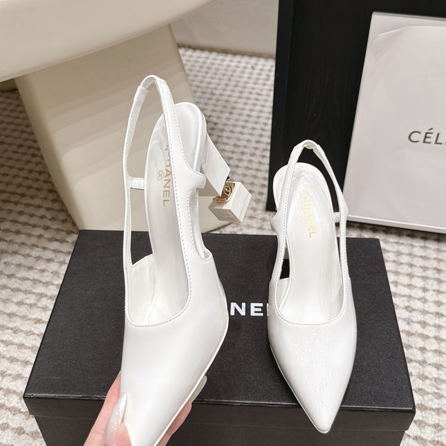 CHANEL 26S HIGH HEEL SLINGBACKS 80 MM IN WHITE PATENT