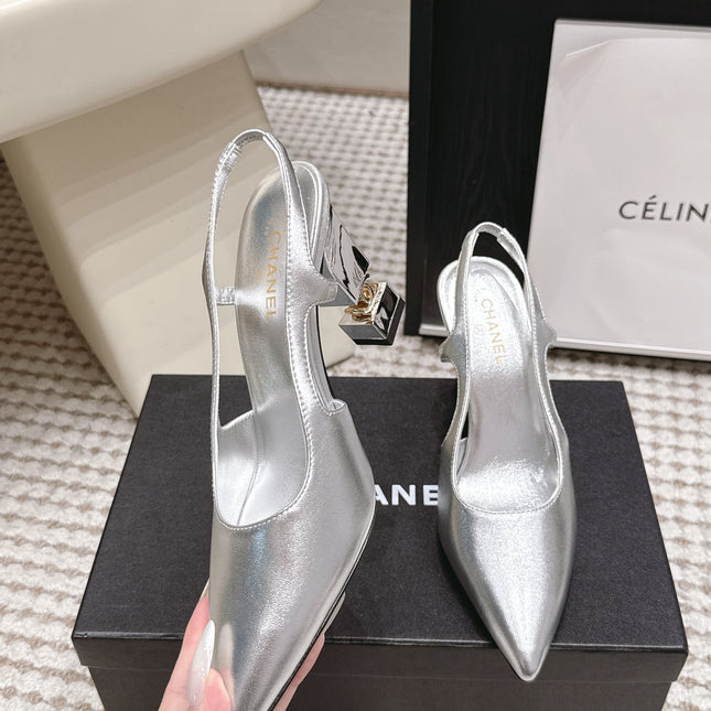 CHANEL 26S HIGH HEEL SLINGBACKS 80 MM IN SILVER PATENT