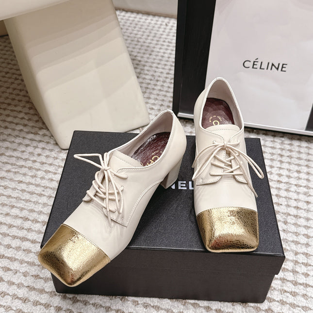CHANEL 26S LACE-UP OXFORD HEELS IN LIGHT BEIGE CALFSKIN WITH GOLD TOE CAP