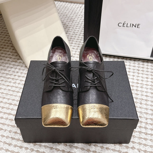 CHANEL 26S LACE-UP OXFORD HEELS IN BLACK CALFSKIN WITH GOLD TOE CAP